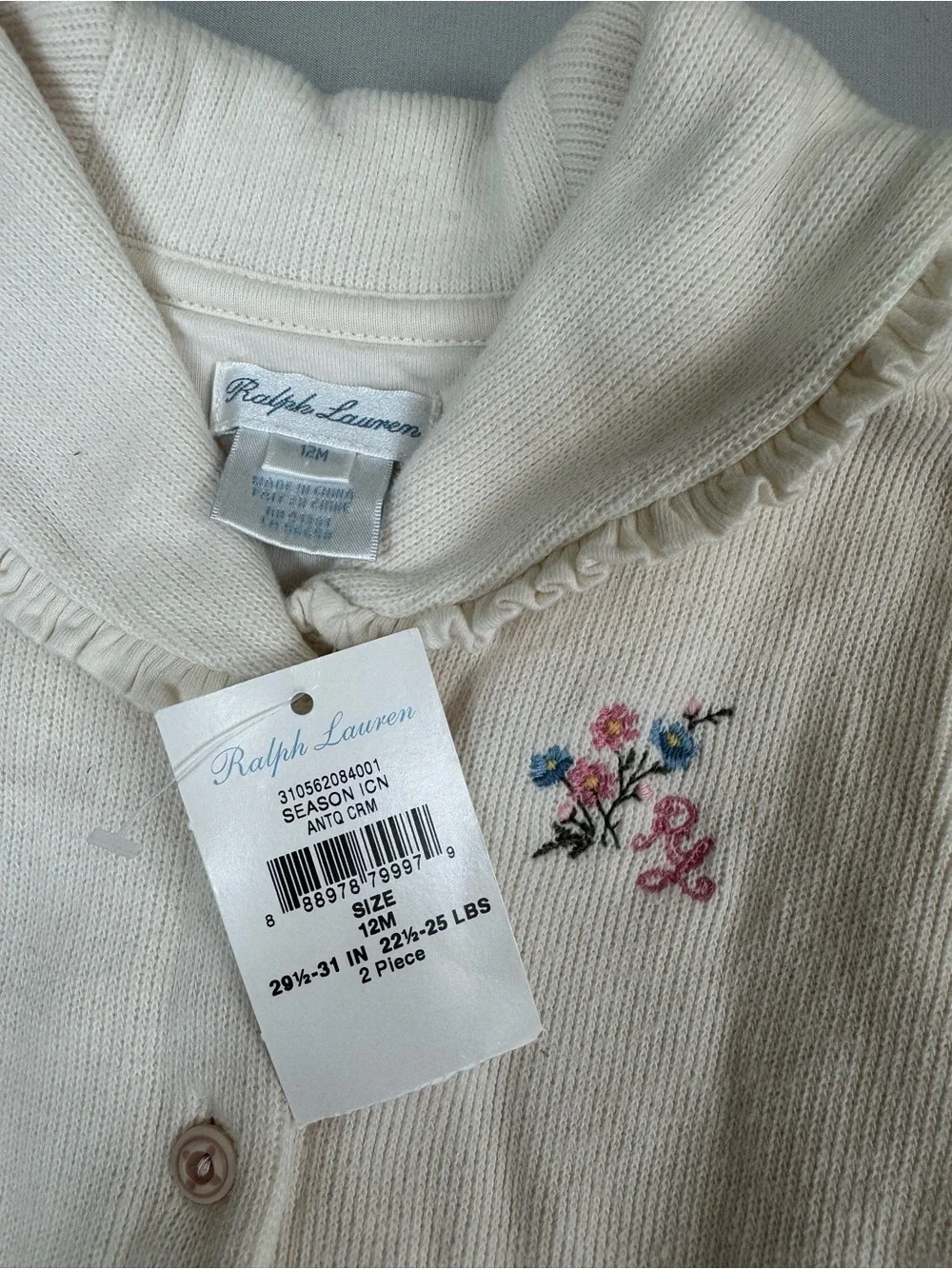 Ralph Lauren Baby Girls Ivory Ruffle Cardigan Sweater 12M Floral Embroidered